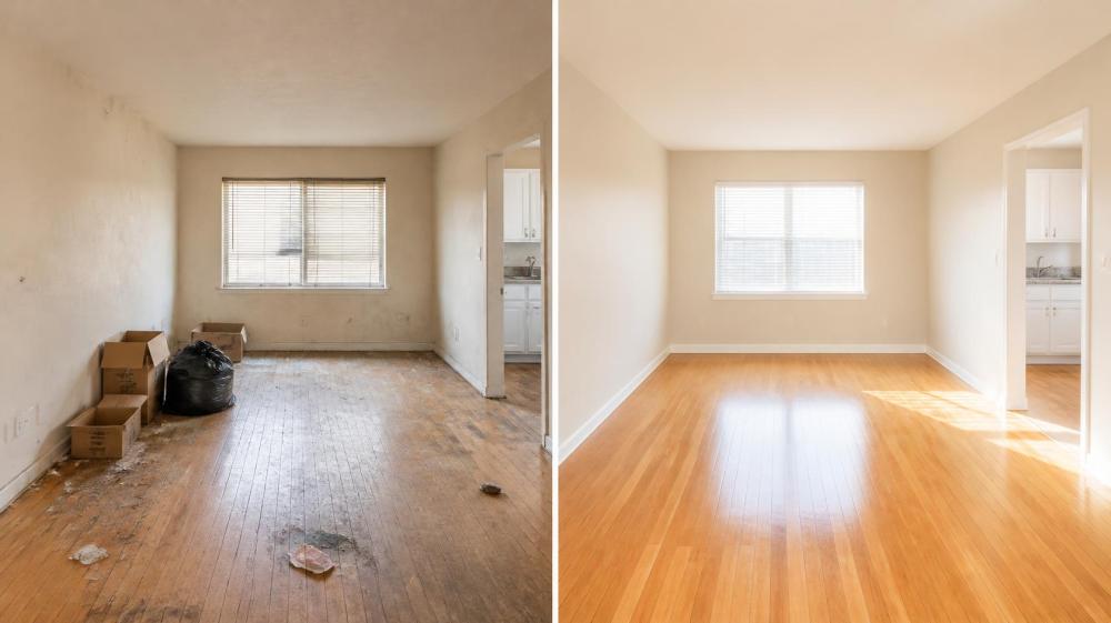 Vacant apartment before and after turnover cleaning: dirty with trash and boxes on the left, spotless and move-in ready on the right