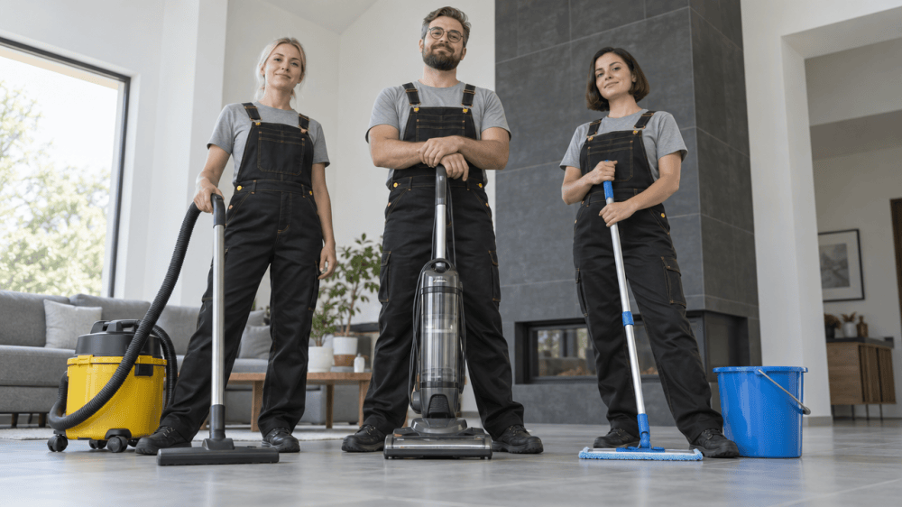 Three-person cleaning crew in black overalls with vacuums and a mop in a bright living room