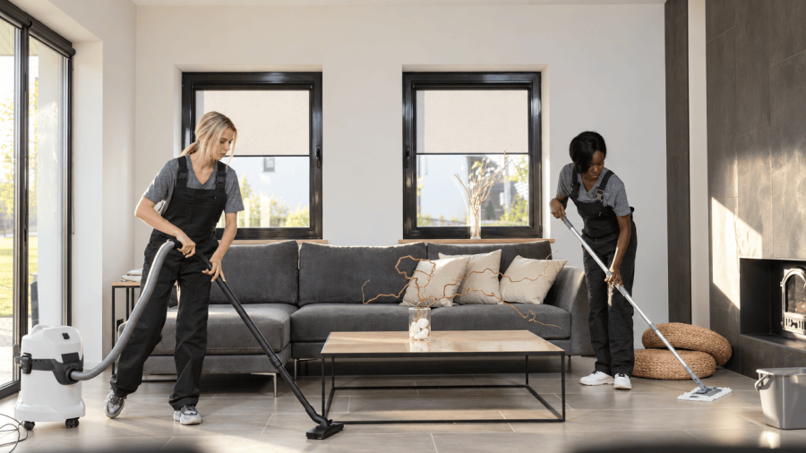 Two cleaners vacuuming and mopping a modern living room