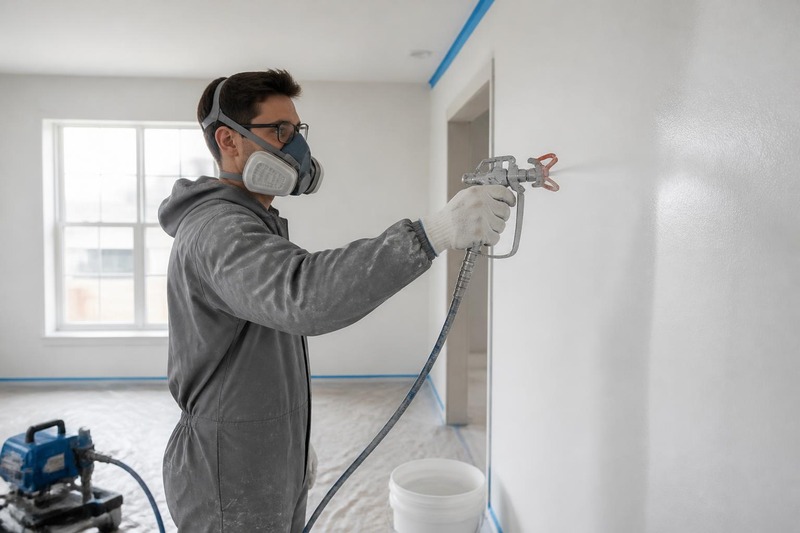 Painter in a protective suit and respirator mask spray-painting an interior wall